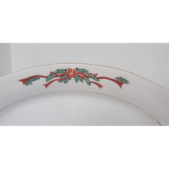 Vintage Tienshan Oval Platter Fine China Poinsettia & Ribbon Christmas 14" Plate - Picture 3 of 8